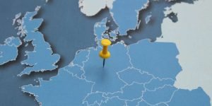 Map of Europe with a yellow pin in Germany