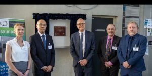 Professor Anna Peacock, Executive Officer Osamu Wakimoto from Jeol Japan, Science Minister Lord Patrick Vallance, Vice-Chancellor Professor Mark E. Smith and Professor Graham Reed.