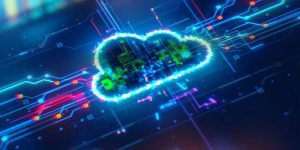 Glowing digital cloud icon overlaid on a circuit board background.