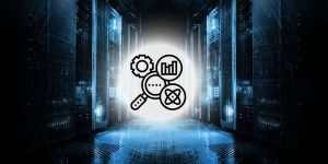 Futuristic data centre visual featuring icons for data, research, and performance metrics.