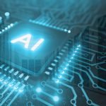 AI processor chip overlaid on server racks and digital circuitry, representing AI computing and data centre infrastructure.