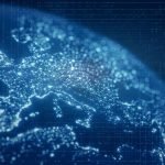 Digital illustration of Europe illuminated by interconnected data points and network lines, representing digital infrastructure and connectivity across the continent.